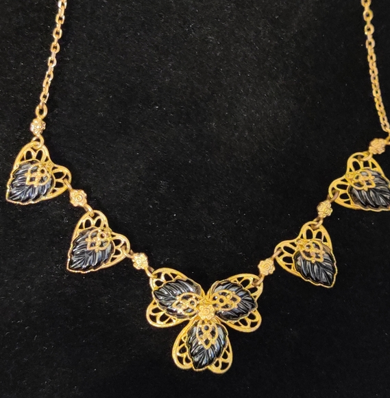 Signed Germany Filigree Hearts Black Molded Glass Necklace - Picture 5 of 15